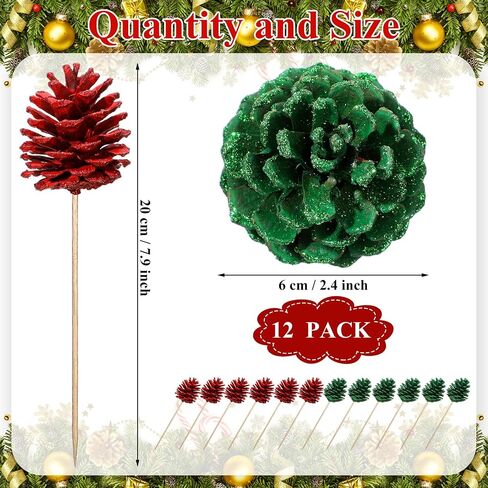 12 Pcs Christmas Pine Cones Picks Gold Glitter 2.4 x 3.15 Inches Pinecone with Wired Pick Artificial Christmas Tree Decorations Ornaments Holiday Centerpiece for Craft Garland Wreath DIY in Saudi Arabia