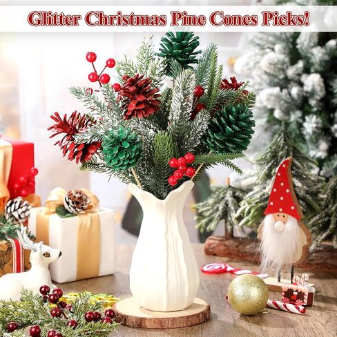 12 Pcs Christmas Pine Cones Picks Gold Glitter 2.4 x 3.15 Inches Pinecone with Wired Pick Artificial Christmas Tree Decorations Ornaments Holiday Centerpiece for Craft Garland Wreath DIY in Saudi Arabia