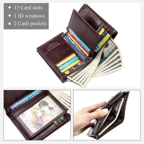 Lukzijaes Genuine Leather Bifold Wallet للرجال RFID حظر سعة كبيرة المحافظ الرأسية رجال مع نافذة الهوية 15 Solts 2 جيوب نقدية (القهوة) in Kuwait
