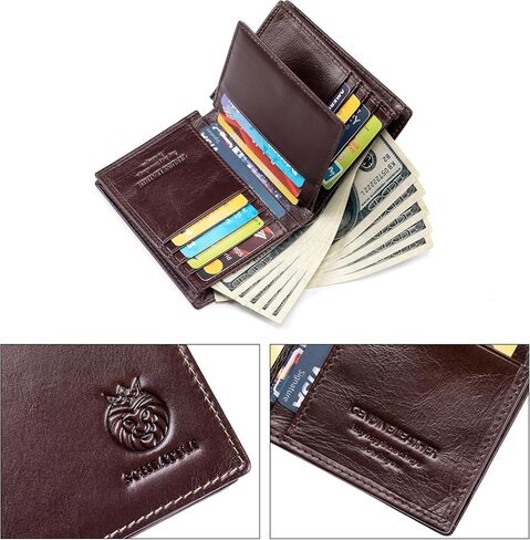 Lukzijaes Genuine Leather Bifold Wallet للرجال RFID حظر سعة كبيرة المحافظ الرأسية رجال مع نافذة الهوية 15 Solts 2 جيوب نقدية (القهوة) in Kuwait