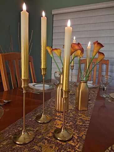 Elegant Metal Taper Candle Holders, Set of 3, Gold Finish, Different Heights. Modern Decorative Centerpiece for Table, Mantel, Wedding, Housewarming Gift, Holiday and Special Occasions in Saudi Arabia