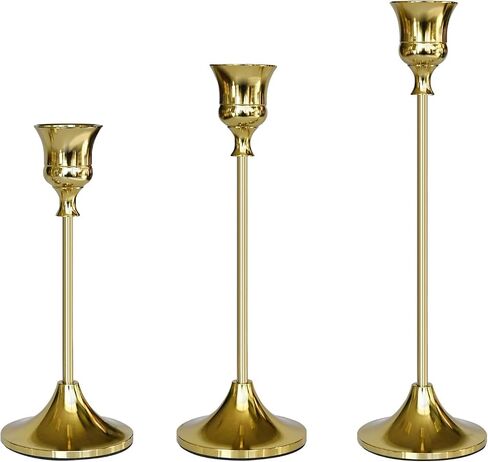 Elegant Metal Taper Candle Holders, Set of 3, Gold Finish, Different Heights. Modern Decorative Centerpiece for Table, Mantel, Wedding, Housewarming Gift, Holiday and Special Occasions in Saudi Arabia
