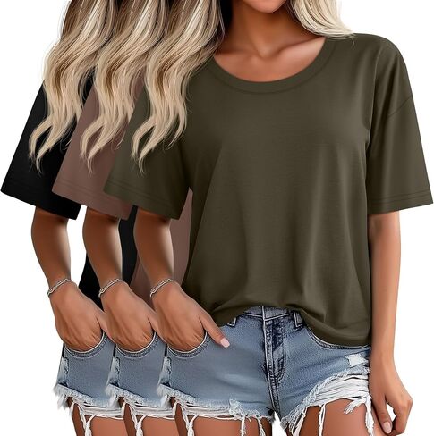Ficerd 3 Pack Women Women Lightive Sleeve T Shirt Crew Neck Cotton Combow Length Tops Lourd in Kuwait