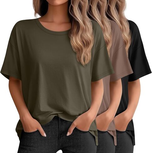 Ficerd 3 Pack Women Women Lightive Sleeve T Shirt Crew Neck Cotton Combow Length Tops Lourd in Kuwait