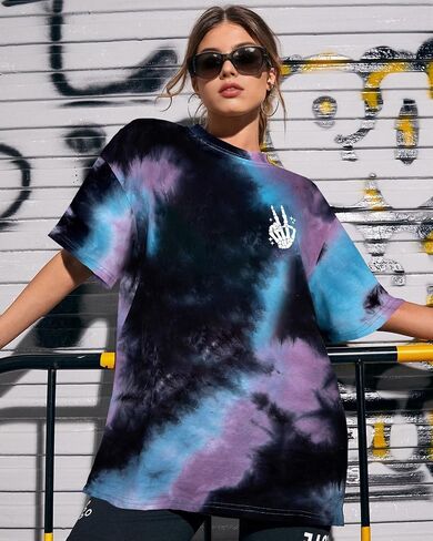 Tie Dye Shirt Women - Oversized Tie Dye T Shirt Short Sleeve Round Neck Casual Trendy Graphic Tee for Girls in Kuwait