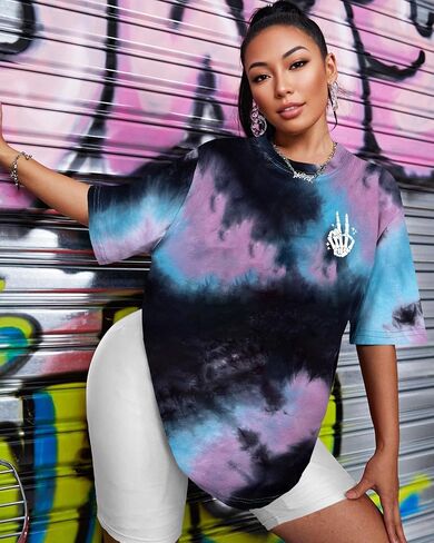 Tie Dye Shirt Women - Oversized Tie Dye T Shirt Short Sleeve Round Neck Casual Trendy Graphic Tee for Girls in Kuwait