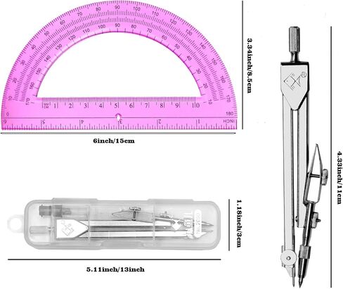Students Geometry Math Set, Drawing Compass and 6 Inch Transparent Swing arm Protractor 180 Degree Math Protractor in Kuwait
