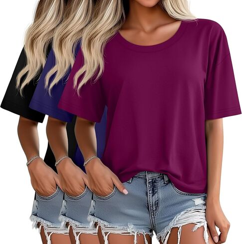 Ficerd 3 Pack Women Women Lightive Sleeve T Shirt Crew Neck Cotton Combow Length Tops Lourd in Kuwait