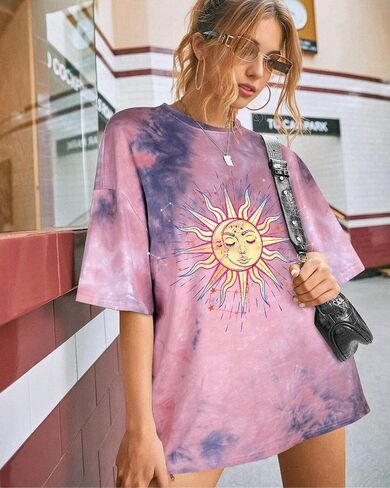 Tie Dye Shirt Women - Oversized Tie Dye T Shirt Short Sleeve Round Neck Casual Trendy Graphic Tee for Girls in Kuwait