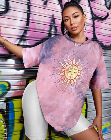 Tie Dye Shirt Women - Oversized Tie Dye T Shirt Short Sleeve Round Neck Casual Trendy Graphic Tee for Girls in Kuwait