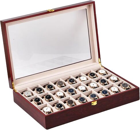 24-Slot Red Wooden Watch Box, Watch Organizer with Clear Lid, Suitable for Various Watches in Saudi Arabia