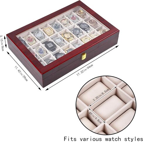24-Slot Red Wooden Watch Box, Watch Organizer with Clear Lid, Suitable for Various Watches in Saudi Arabia