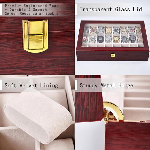 24-Slot Red Wooden Watch Box, Watch Organizer with Clear Lid, Suitable for Various Watches in Saudi Arabia
