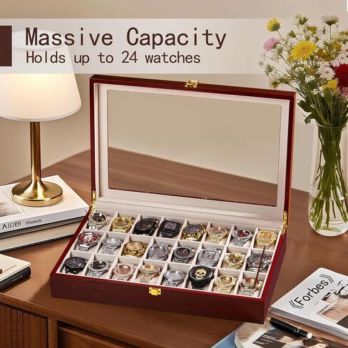 24-Slot Red Wooden Watch Box, Watch Organizer with Clear Lid, Suitable for Various Watches in Saudi Arabia
