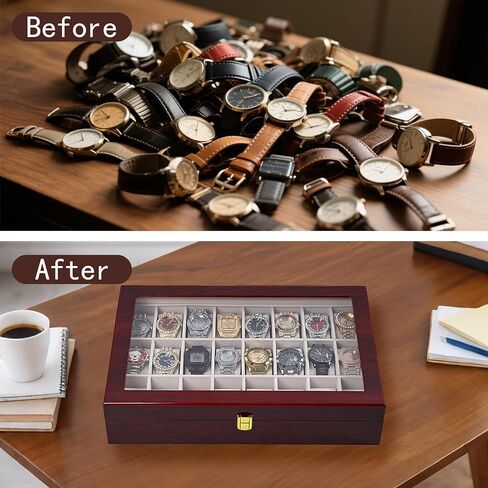24-Slot Red Wooden Watch Box, Watch Organizer with Clear Lid, Suitable for Various Watches in Saudi Arabia
