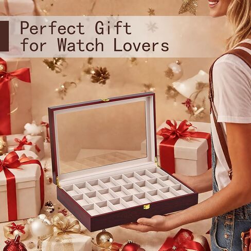 24-Slot Red Wooden Watch Box, Watch Organizer with Clear Lid, Suitable for Various Watches in Saudi Arabia