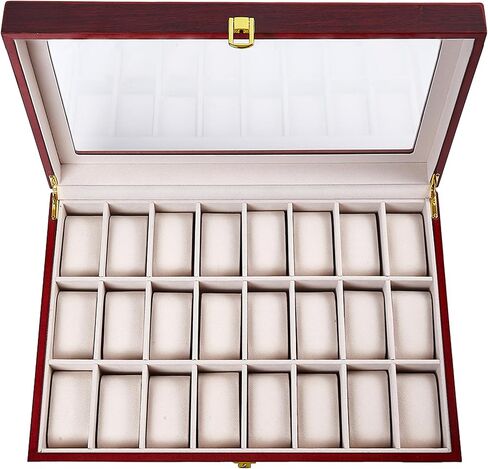 24-Slot Red Wooden Watch Box, Watch Organizer with Clear Lid, Suitable for Various Watches in Saudi Arabia