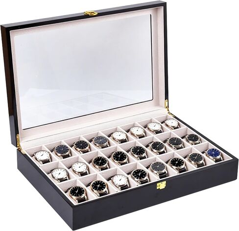 24-Slot Red Wooden Watch Box, Watch Organizer with Clear Lid, Suitable for Various Watches in Saudi Arabia