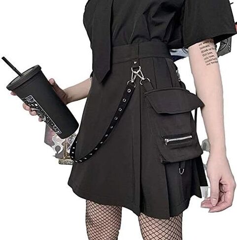 AULKEEP Womens Punk Chain Pleated Skirts Gothis A-Line Black Skirts Solid High Waist Pocket Skirts in Saudi Arabia