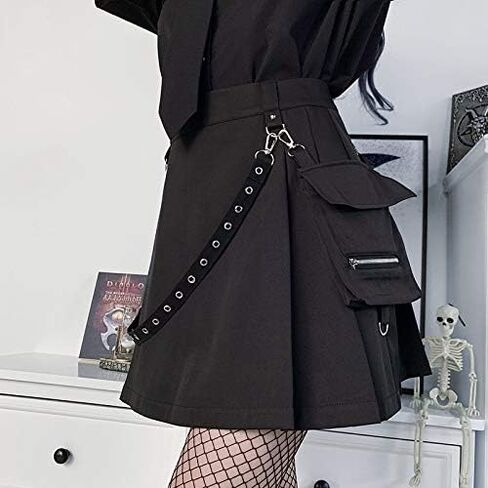 AULKEEP Womens Punk Chain Pleated Skirts Gothis A-Line Black Skirts Solid High Waist Pocket Skirts in Saudi Arabia