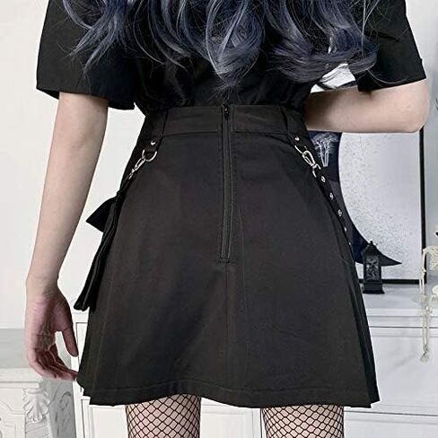 AULKEEP Womens Punk Chain Pleated Skirts Gothis A-Line Black Skirts Solid High Waist Pocket Skirts in Saudi Arabia
