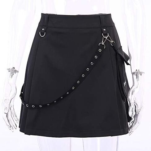 AULKEEP Womens Punk Chain Pleated Skirts Gothis A-Line Black Skirts Solid High Waist Pocket Skirts in Saudi Arabia