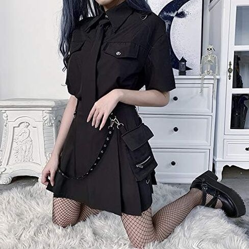 AULKEEP Womens Punk Chain Pleated Skirts Gothis A-Line Black Skirts Solid High Waist Pocket Skirts in Saudi Arabia
