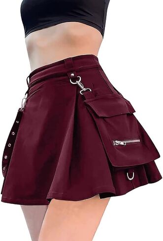 AULKEEP Womens Punk Chain Pleated Skirts Gothis A-Line Black Skirts Solid High Waist Pocket Skirts in Saudi Arabia