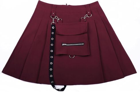 AULKEEP Womens Punk Chain Pleated Skirts Gothis A-Line Black Skirts Solid High Waist Pocket Skirts in Saudi Arabia