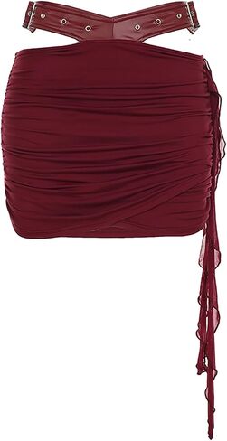 Womens Pleated Mini Skirt Y2k PU Leather Patchwork Asymmetrical Cutout Skirts High Waisted Lingerie Short Skirts in Saudi Arabia