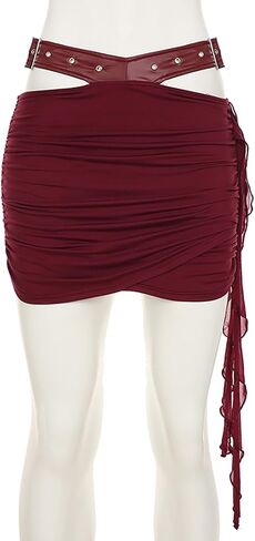 Womens Pleated Mini Skirt Y2k PU Leather Patchwork Asymmetrical Cutout Skirts High Waisted Lingerie Short Skirts in Saudi Arabia