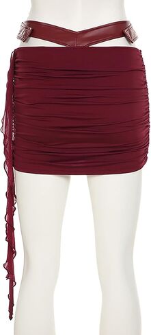 Womens Pleated Mini Skirt Y2k PU Leather Patchwork Asymmetrical Cutout Skirts High Waisted Lingerie Short Skirts in Saudi Arabia