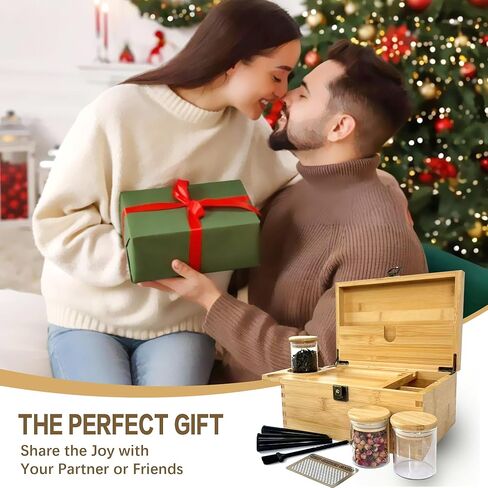 صندوق الخيزران مع صينية قابلة للانزلاق قابلية للإزالة ، مربع تخزين تخزين للأعشاب ، صندوق زخرفي نقش مع مقبض ، الجرار الزجاجية ، أكياس إثبات الرائحة ، مجموعة أدوات ملحق الأنابيب للهدية الرائعة (الجبل) in Kuwait