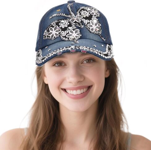 FALETO Bling Baseball Cap for Women Bejeweled Distressed Denim and Diamonds Hat Studded Rhinestone Cap in Kuwait