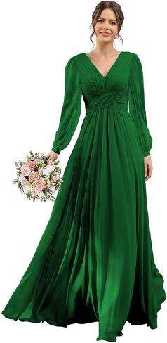 YOFF V-Neck Long Sleeves Bridesmaid Dresses Long with Slit Pleated Chiffon A-line Formal Party Dresses with Pockets YO090 in Saudi Arabia