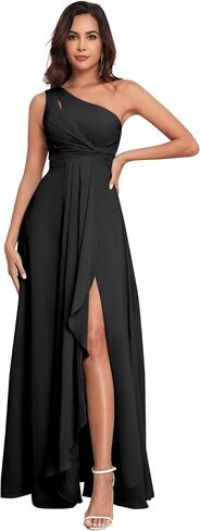 One Shoulder Bridesmaid Dresses with Slit Pleated Chiffon A-line Formal Prom Party with Pockets in Saudi Arabia