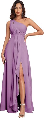 One Shoulder Bridesmaid Dresses with Slit Pleated Chiffon A-line Formal Prom Party with Pockets in Saudi Arabia