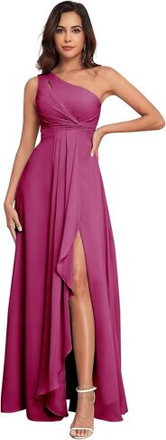 One Shoulder Bridesmaid Dresses with Slit Pleated Chiffon A-line Formal Prom Party with Pockets in Saudi Arabia