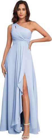 One Shoulder Bridesmaid Dresses with Slit Pleated Chiffon A-line Formal Prom Party with Pockets in Saudi Arabia