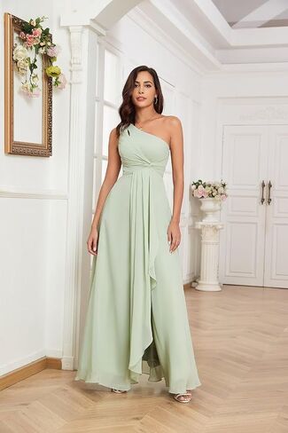 One Shoulder Bridesmaid Dresses with Slit Pleated Chiffon A-line Formal Prom Party with Pockets in Saudi Arabia