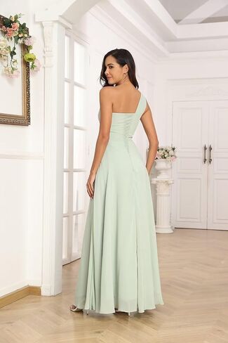 One Shoulder Bridesmaid Dresses with Slit Pleated Chiffon A-line Formal Prom Party with Pockets in Saudi Arabia