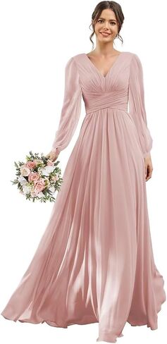YOFF V-Neck Long Sleeves Bridesmaid Dresses Long with Slit Pleated Chiffon A-line Formal Party Dresses with Pockets YO090 in Saudi Arabia