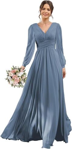 YOFF V-Neck Long Sleeves Bridesmaid Dresses Long with Slit Pleated Chiffon A-line Formal Party Dresses with Pockets YO090 in Saudi Arabia