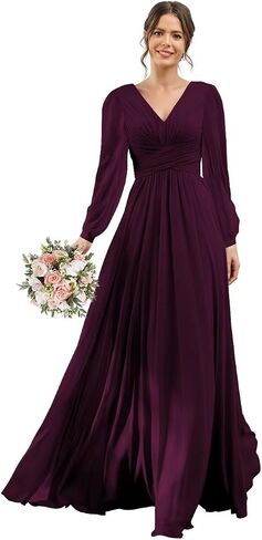 YOFF V-Neck Long Sleeves Bridesmaid Dresses Long with Slit Pleated Chiffon A-line Formal Party Dresses with Pockets YO090 in Saudi Arabia