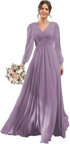 YOFF V-Neck Long Sleeves Bridesmaid Dresses Long with Slit Pleated Chiffon A-line Formal Party Dresses with Pockets YO090 in Saudi Arabia