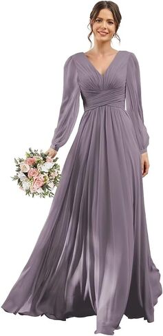 YOFF V-Neck Long Sleeves Bridesmaid Dresses Long with Slit Pleated Chiffon A-line Formal Party Dresses with Pockets YO090 in Saudi Arabia