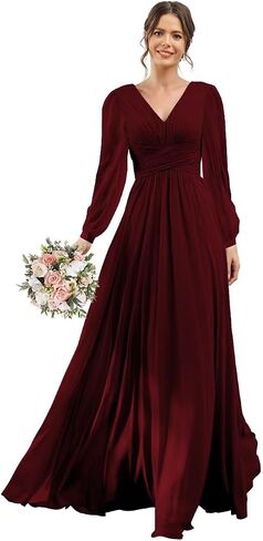 YOFF V-Neck Long Sleeves Bridesmaid Dresses Long with Slit Pleated Chiffon A-line Formal Party Dresses with Pockets YO090 in Saudi Arabia