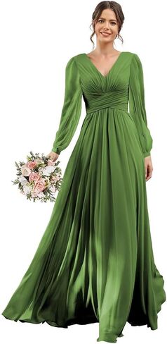 YOFF V-Neck Long Sleeves Bridesmaid Dresses Long with Slit Pleated Chiffon A-line Formal Party Dresses with Pockets YO090 in Saudi Arabia