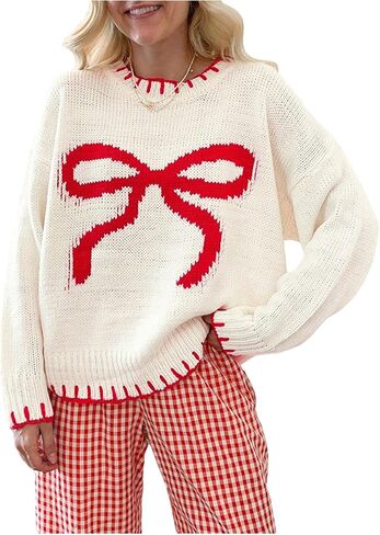 SOLY HUX Women's Y2k Bow Sweater Crewneck Long Sleeve Knit Pullover Tops Oversized Sweaters in Saudi Arabia