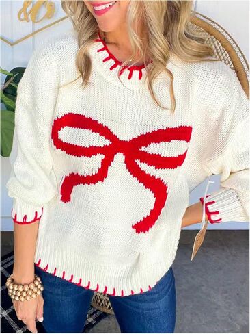 SOLY HUX Women's Y2k Bow Sweater Crewneck Long Sleeve Knit Pullover Tops Oversized Sweaters in Saudi Arabia